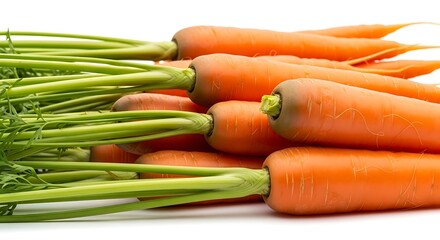 Close-up of fresh carrots with green stems.