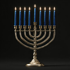Fototapeta premium Elegant Menorah with Blue Candles Illuminated Against Black Background