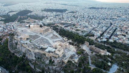Aerial view around the capitol city Athens in Greece on an early sunny morning in fall.
