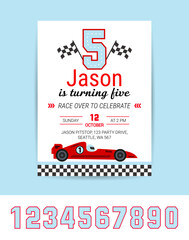 Obraz premium Birthday boy invitation card with race car and set of numbers from 1 to 9. Vector birthday party theme template design. Cartoon illustration.