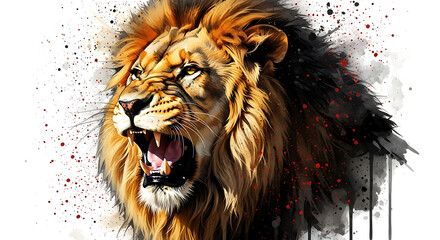 Illustration of watercolor lion portrait isolated on white background, a fierce and majestic animal illustration