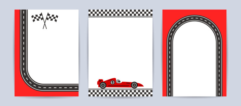 Set of card racing car theme template design. Frame with checkered finish flags, road and race car. Vector background for greeting card, invitation, poster,  social media. - Powered by Adobe