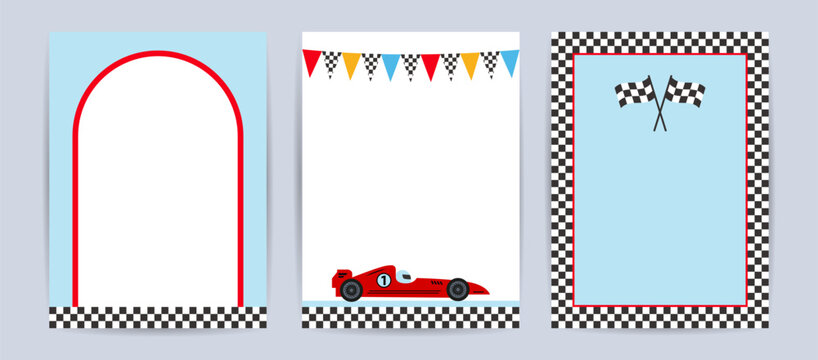 Set of card racing car theme template design. Frame with checkered finish flags, road and race car. Vector background for greeting card, invitation, poster,  social media. Kids illustration.