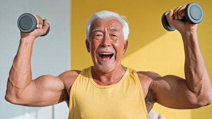 Senior man with gray hair enthusiastically lifting dumbbells in a bright room, showcasing strength and vitality, demonstrating a commitment to fitness and healthy living through exercise - Powered by Adobe