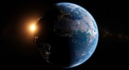 Stunning Earthrise Space View Showing Sunrise Over Blue Planet Earth Against Dark Background Detailed View of City Lights at Night from Space High