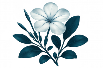 Pristine white petunia blossoming, vibrant teal foliage, isolated on transparent backdrop, highlighting botanical elegance