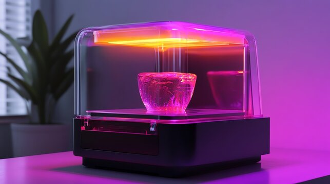 A modern 3D printer with a transparent lid and UV light glowing, showcasing an object emerging from the resin tank in ultra HD realism.