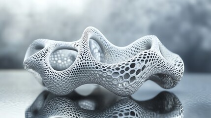 Obraz premium A stunning 3D printed metal lattice structure displayed on a reflective surface showcasing ultra HD realism and intricate design.