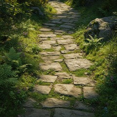 Sunlit Stone Path Through Lush Green Foliage: A Serene Summer Woodland Scene with Mossy Rocks and Wildflowers