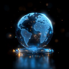 A glowing, digital representation of Earth, hovering on a reflective platform