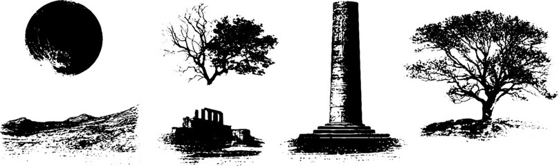Obraz premium Abstract black and white grunge landscape collection featuring nature and ancient architecture elements