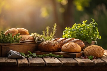 Rustic wooden table filled with freshly baked bread and herbs