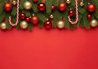 Festive christmas border with ornaments candy canes and evergreen branches on a red background