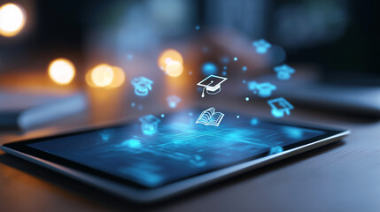 A luminous education dashboard projects global online learning icons glowing graduation caps and open books orbiting around the screen. Atmosphere of knowledge growth and border