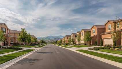 Fototapeta premium Scenic Neighborhood Street with Modern Homes and Nature