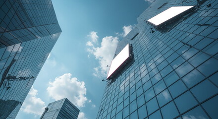 Modern Office Buildings with Blank Billboards Against Blue Sky