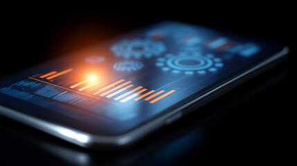 A smartphone interface glows with data science tools analytics gears spinning as charts pulse with clarity. Atmosphere of intelligence precision and professional insight with