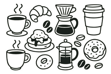 Black and white coffee and breakfast food icon set with croissant, donut, pancakes, and various coffee makers