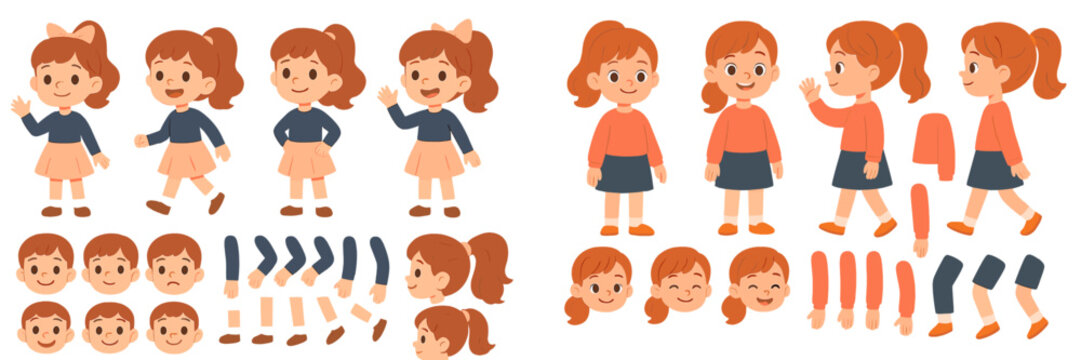Cute girl character creation kit with various poses, hairstyles, and facial expressions for animation or design projects