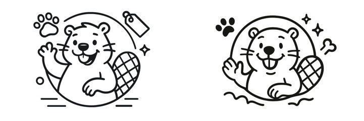Friendly beaver mascot character waving, cute cartoon animal logo icon set for branding and design, simple black and white line art