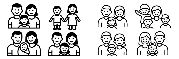 Set of simple black and white family icons depicting various family structures with parents and children in a minimalist line art style