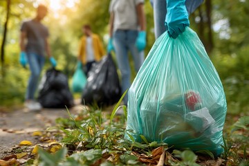 Volunteers collecting garbage in bags in park. Cleaning forest and protecting nature from pollution