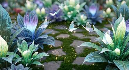 Photo of enchanted garden with glowing flowers and butterflies