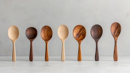 A row of seven wooden spoons with varying colors and designs.