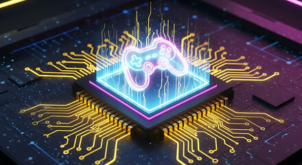 Photo of glowing neon game controller on a futuristic computer chip with circuits
