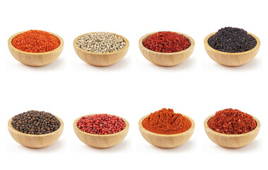 Assorted Ground and Crushed Peppers Including Chili, Paprika, Isot, and Flavored Powder Blends