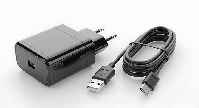 Black phone charger with USB cable on white background. - Powered by Adobe