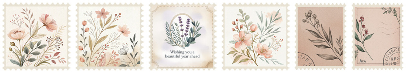 Botanical stamps, artistic design, soft colors, nature theme, copy space