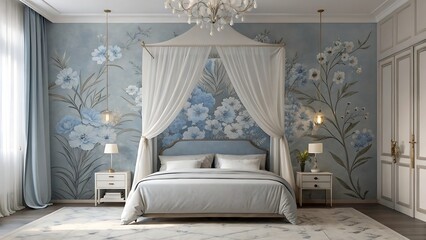 AI generated image of bedroom with detailed floral wallpaper in blue and grey tones — misty morning blossom