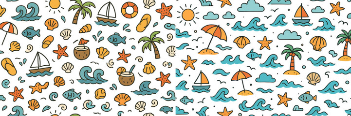Seamless pattern with hand drawn summer beach doodles including palm trees, sailboats, waves, and starfish for vacation and travel themes © Andrei