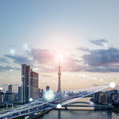 現代都市と通信ネットワークのバナー・広告向け正方形ビジュアル