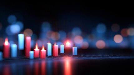 A holographic stock market board glows with AI driven trading predictions 3D rendered candlesticks rising and falling dynamically. The scene radiates energy precision and