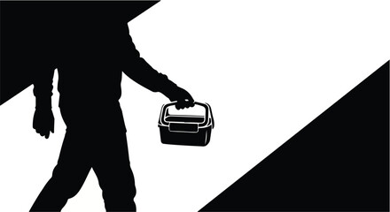 Person carrying a dark lunchbox in a minimalist, graphic design style.