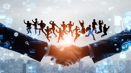 Silhouette of a business person shaking hands with various people jumping against the background of the city and digital technology. Wide angle visual for banners or advertisements.