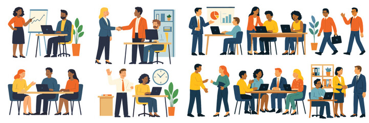 Set of diverse business people characters in various office scenes showing teamwork, meetings, and corporate collaboration