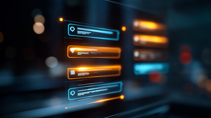 A digital interface glows with an AI powered chatbot conversation bubbles forming dynamically as natural language flows across the screen. Bright icons pulse with human like inter