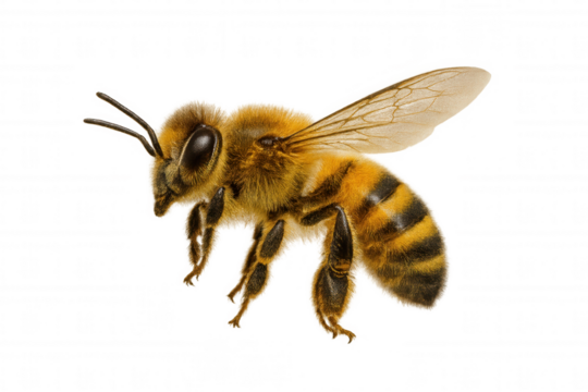 Honey bee hovering mid-flight, translucent wings revealing fine anatomical structure against clean white backdrop