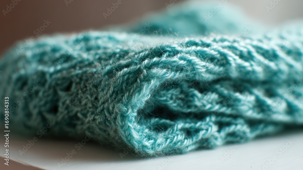 Wall mural soft aqua knitted fabric close up with textured pattern for crafting and design projects