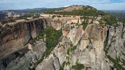 Aerial panorama view around the city and monastery Meteora, Kalabaka, Monast&egrave;re on a sunny autumn day in Greece