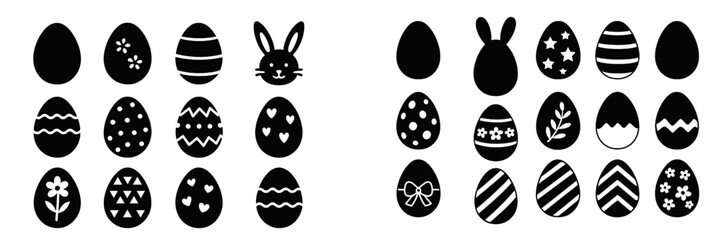 Black Easter egg and bunny silhouettes with decorative floral, striped, and dotted patterns for holiday celebration design