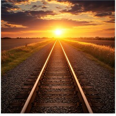 Fototapeta premium Tranquil Sunset Landscape Featuring Railroad Tracks Extending Towards a Vibrant Orange and Yellow Horizon, Peaceful Atmosphere, Warm Light, Scenic
