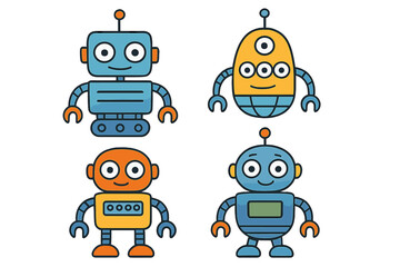 Set of four cute cartoon robot characters with friendly faces and antennas isolated on a white background
