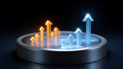 A futuristic data hub glows with 3D rendered market trends luminous arrows and predictive analytics charts surging forward. The atmosphere conveys foresight accuracy and AI