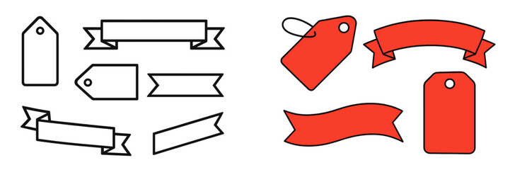 Collection of blank price tags and ribbon banners in various shapes, including simple outline style and red filled versions for sales and promotions