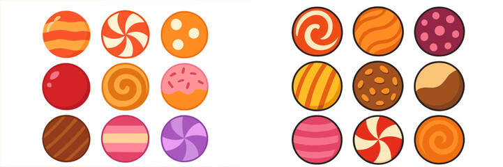 Collection of assorted round sweets and hard candies with colorful designs including swirls and stripes for confectionery concepts