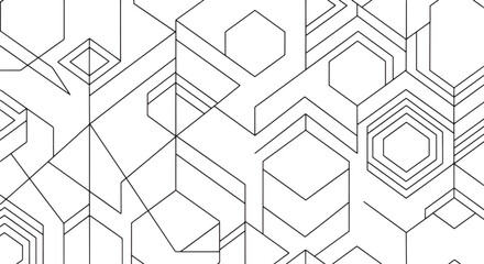 Intricate black and white line art depicting a complex network of abstract geometric shapes and isometric cubes